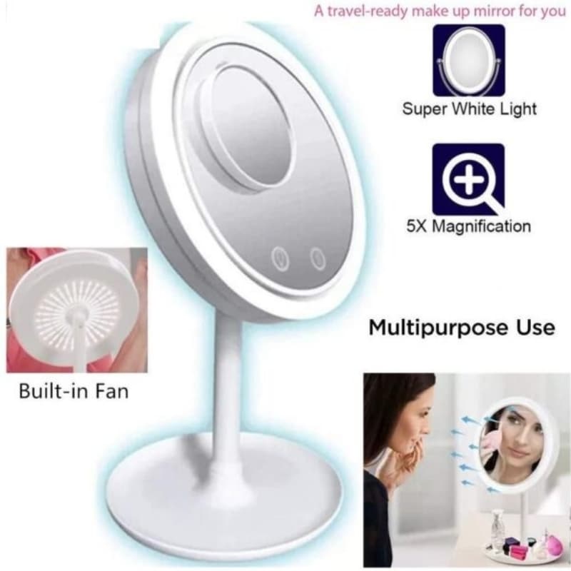 Makeup Mirror with LED Light Vanity Mirror 5X Mirror Built-In Fan LED Light